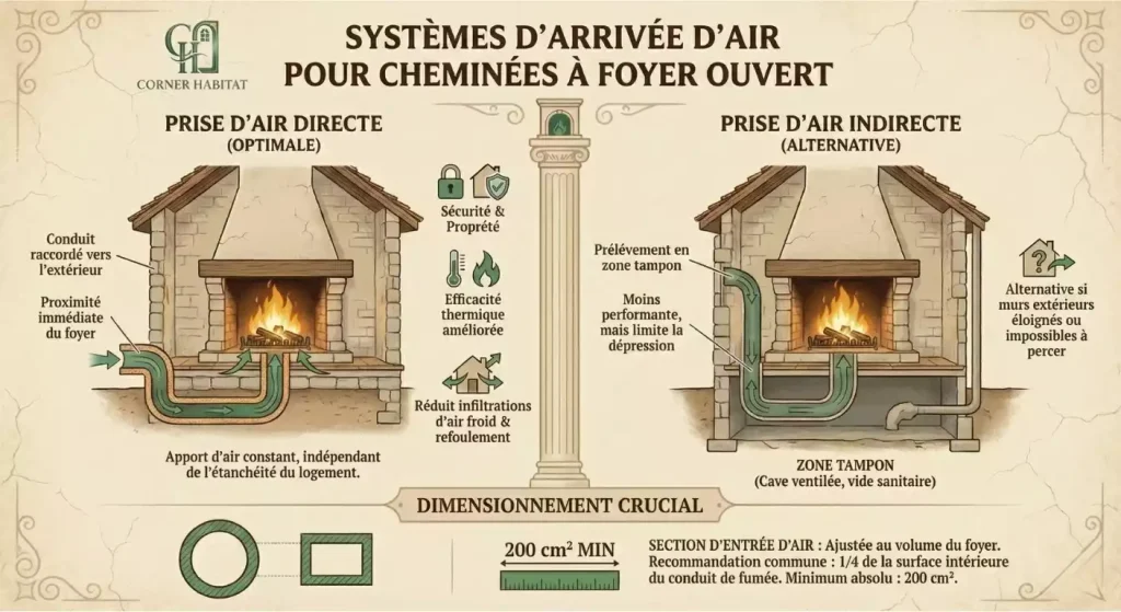 entrée d air cheminée foyer ouvert