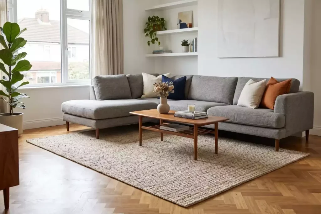 comment intégrer un tapis sous un canapé d'angle