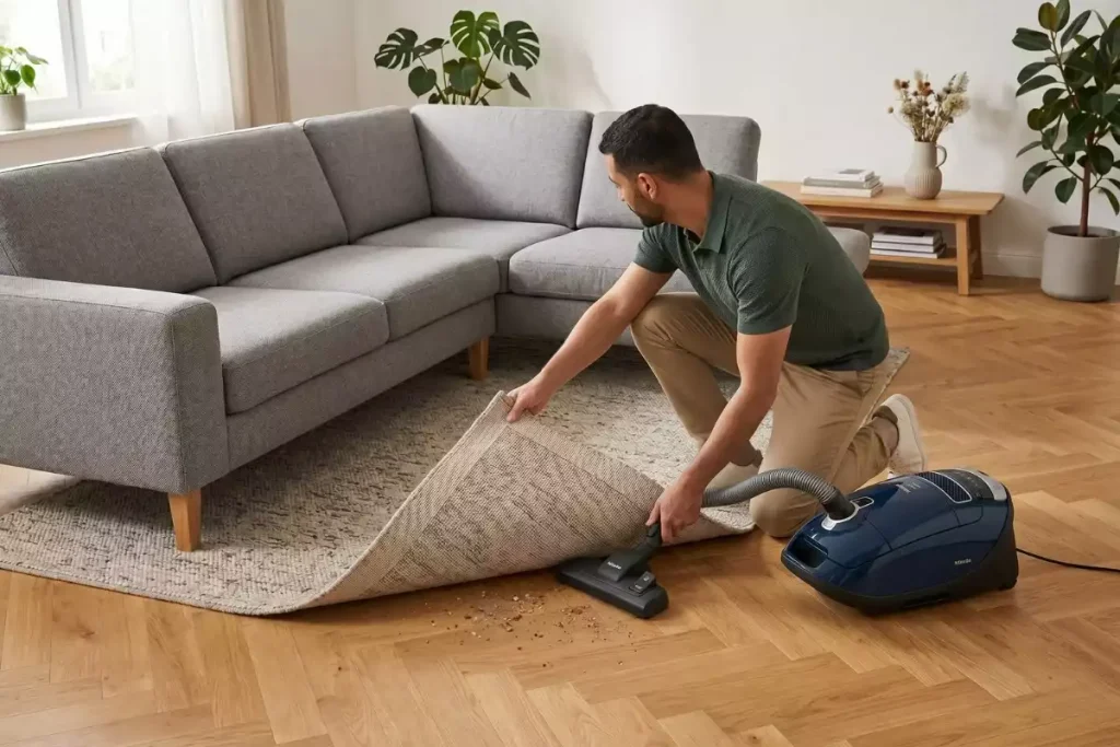 comment mettre un grand tapis sous un canapé d'angle