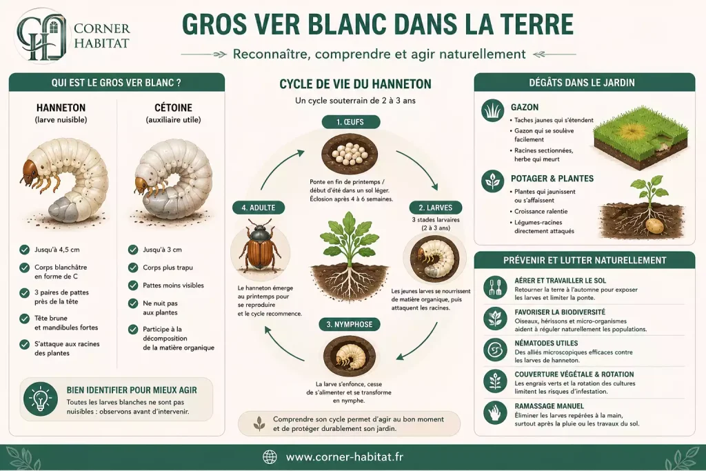 Comprendre le cycle de vie du hanneton et de sa larve blanche dans la terre