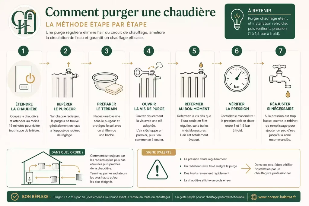 purger un radiateur relié à la chaudière, chasser l’air du circuit de chauffage et contrôler la pression au manomètre.